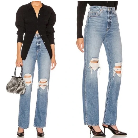 KHAITE Denim - KHAITE Kyle Jeans Distressed Ripped Knee Straight Legs Low Rise Portland Blue 29